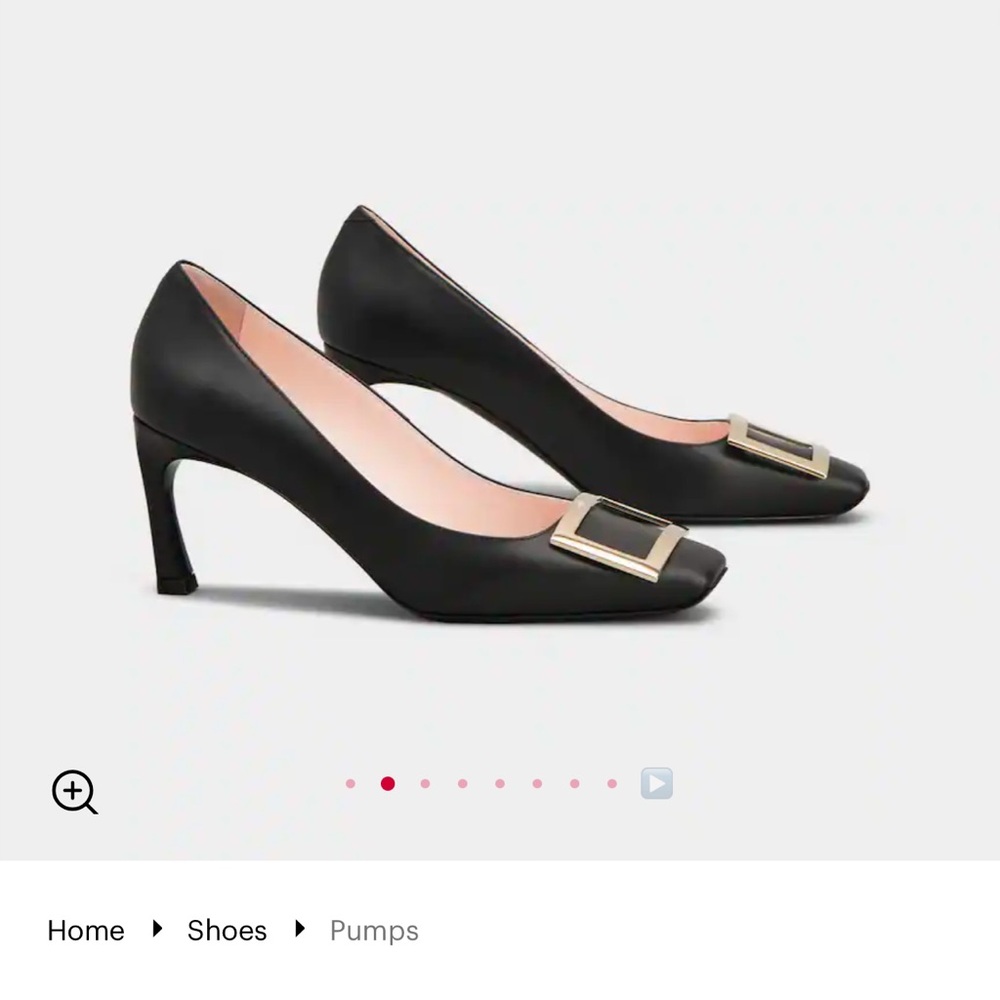 Roger Vivier iconic black leather Trompette Pump with Belle Vivier metal buckle.